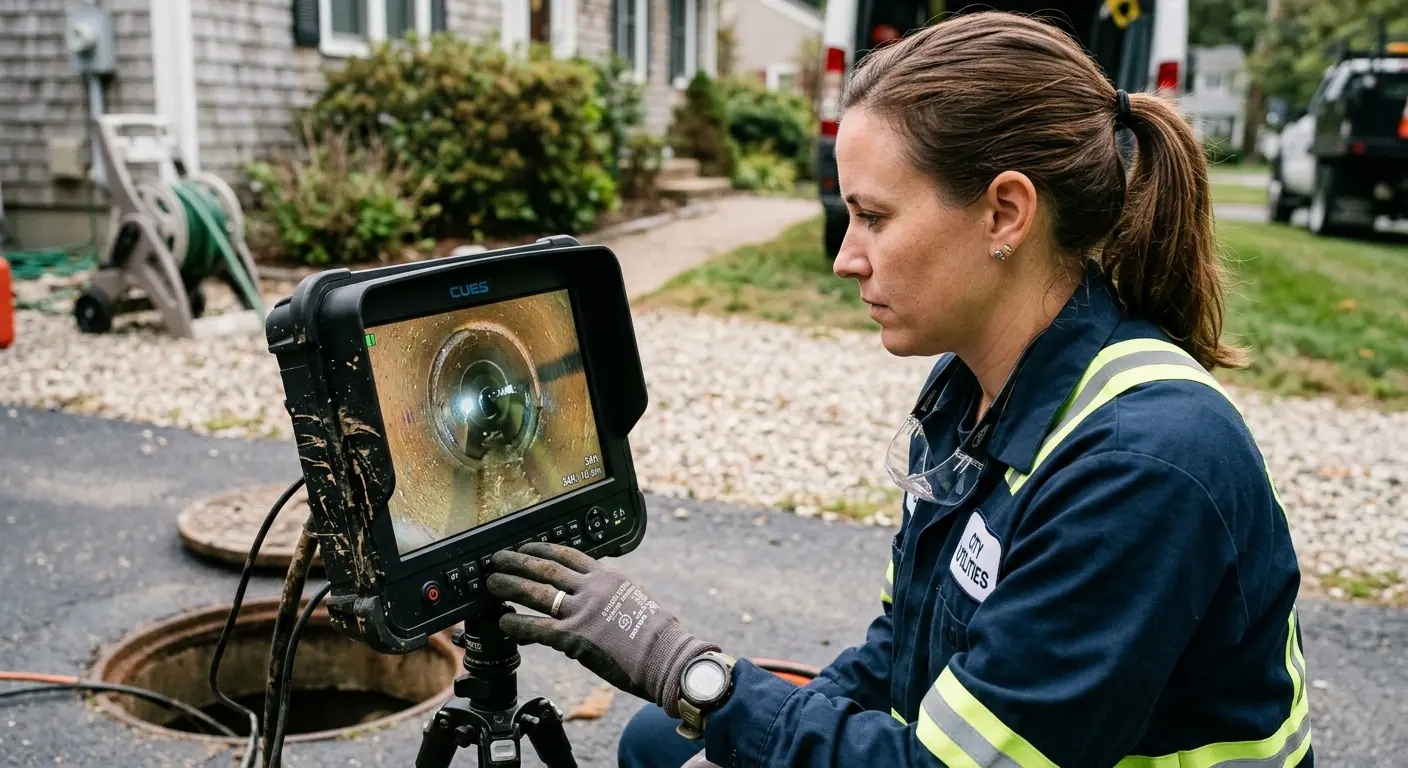 Technician reviewing sewer camera inspection footage in Sheboygan Falls