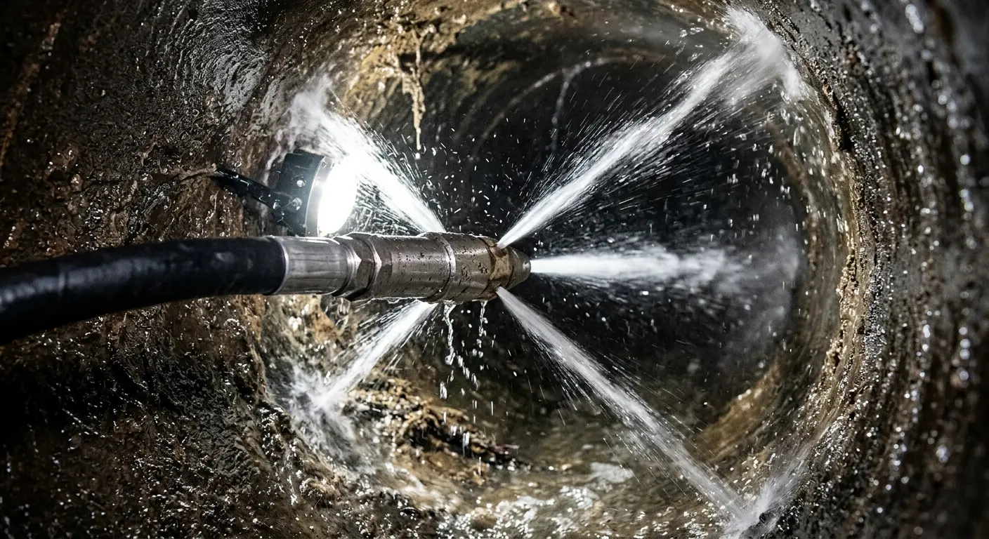 High-pressure hydro jetting nozzle cleaning sewer pipe for Storm Drain Cleaning in Sheboygan Falls