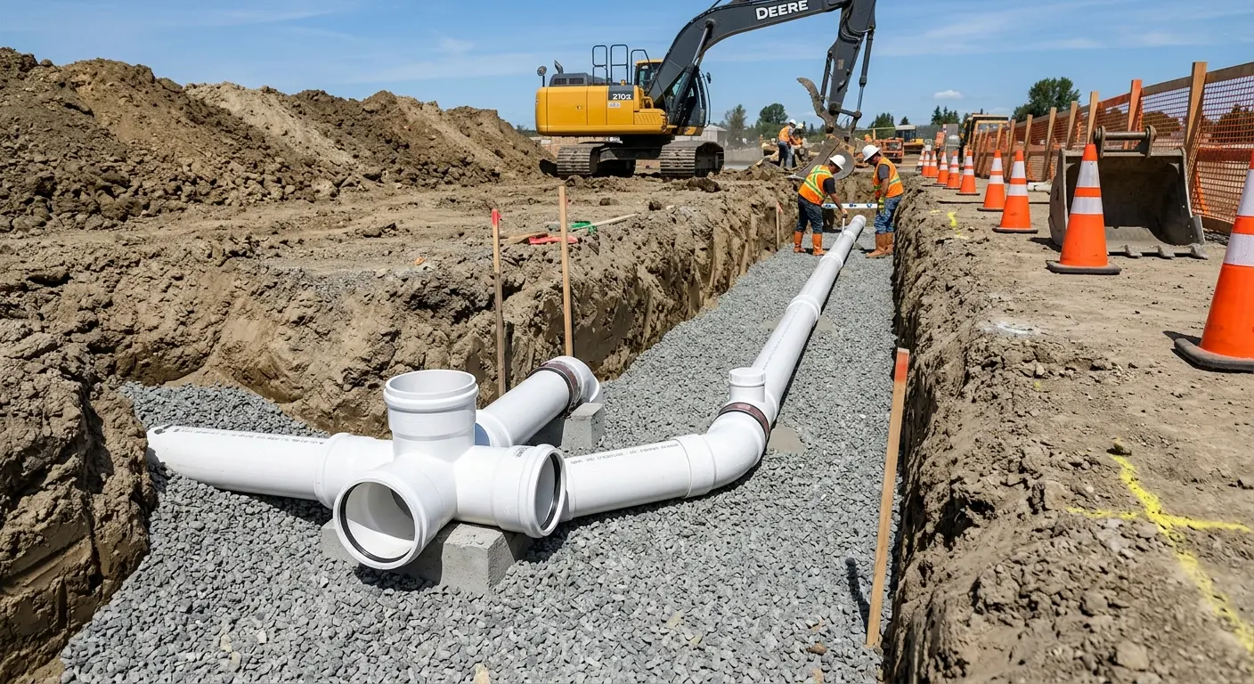 New PVC sewer pipe installation in open trench for Sewer Backup in Sheboygan Falls